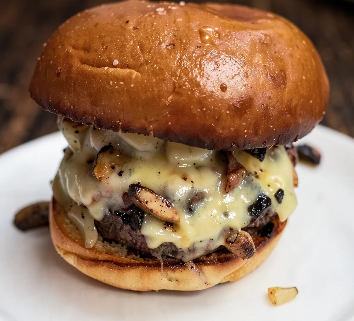 A burger with Swiss cheese, mushrooms and onions