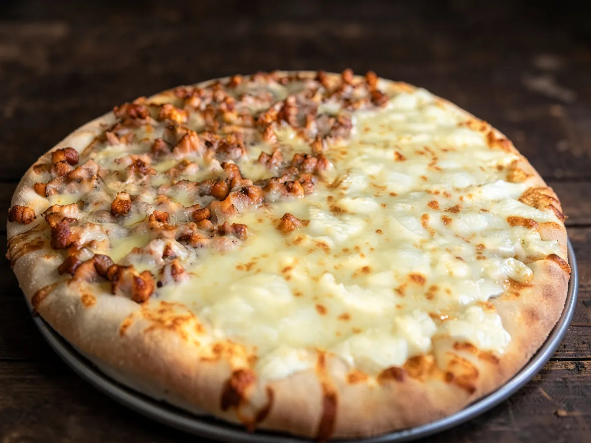 A half cheese, half sausage pizza on a silver pan