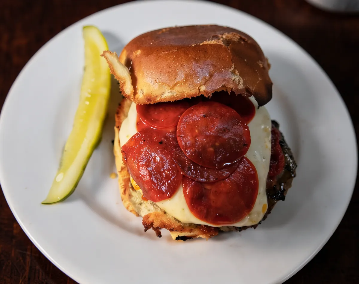 A chicken parmigiana sandwich topped with pepperoni, with a pickle spear