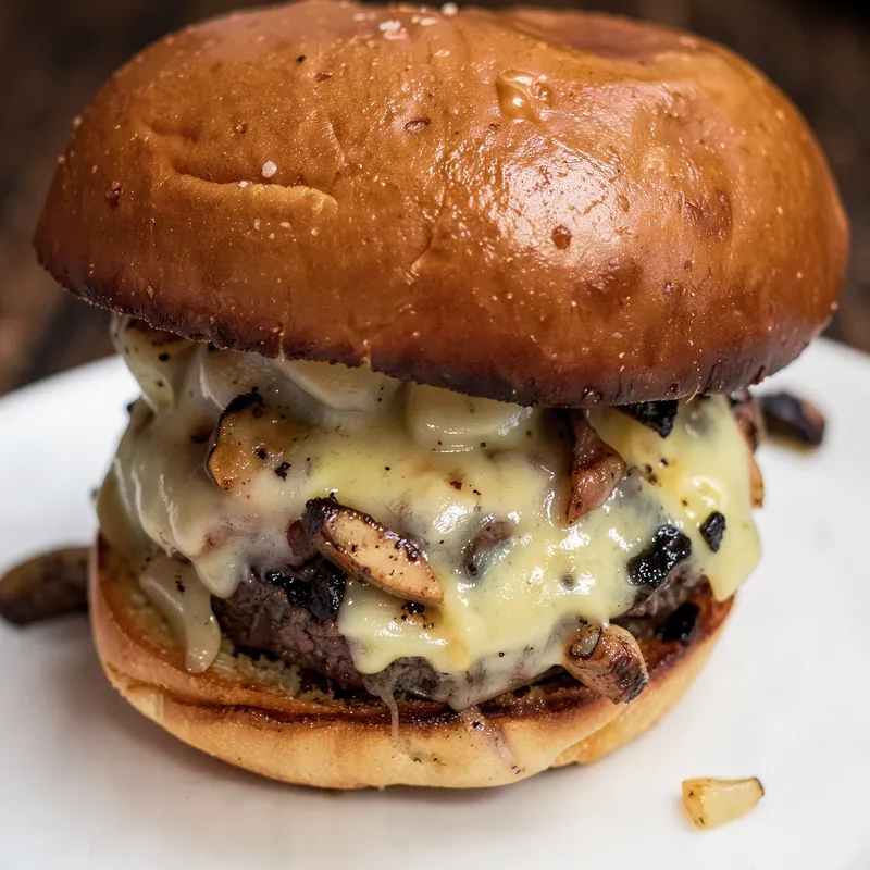 A burger with Swiss cheese, mushrooms and onions