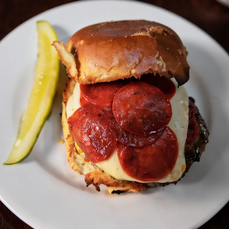 A chicken parmigiana sandwich topped with pepperoni, with a pickle spear