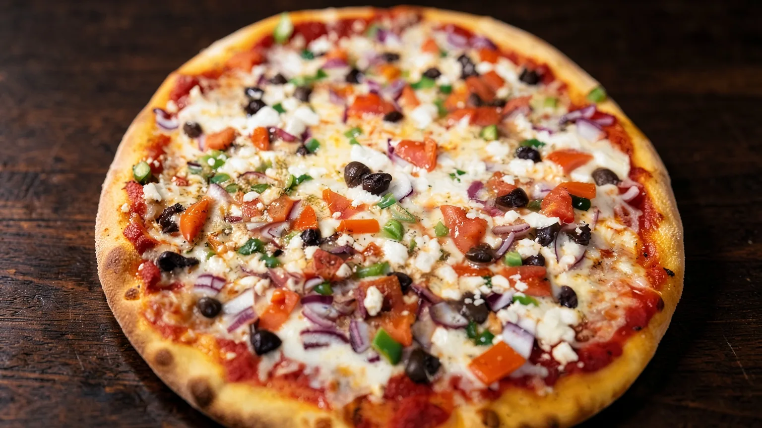 A Greek-style pizza with feta, olives, red onion, tomato and peppers on a silver pan
